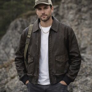 Mens Real Leather Brand Bomber Jacket Dark Brown Quilted Lined XL